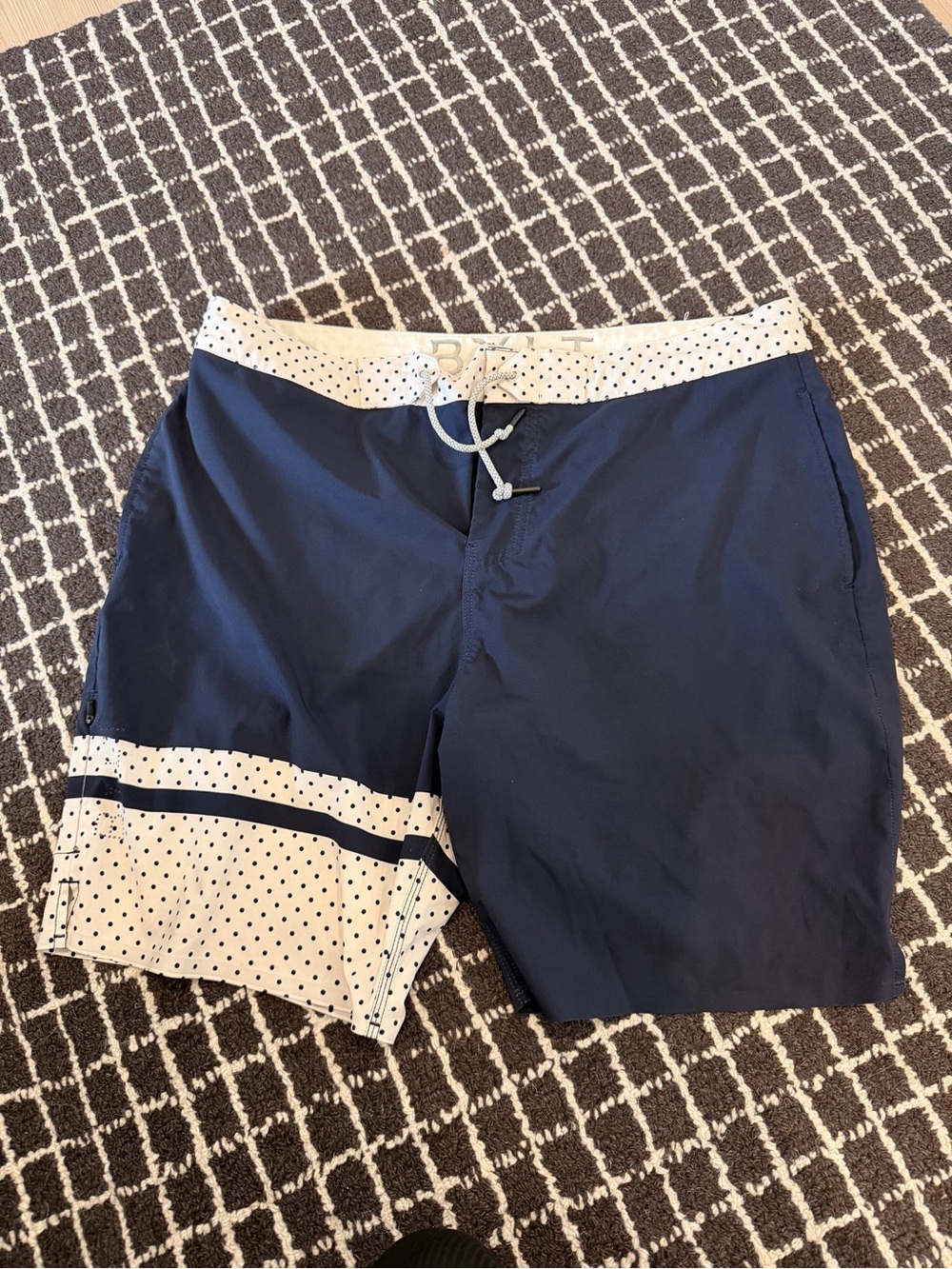 BYLT Basics Navy Swim Trunks with White Polka Dot Trim
